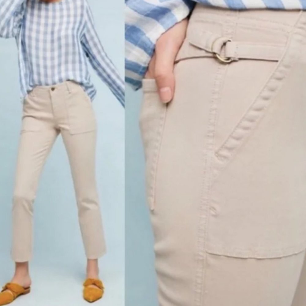 By Anthropologie Beige Side Buckle Cropped Utility Pants